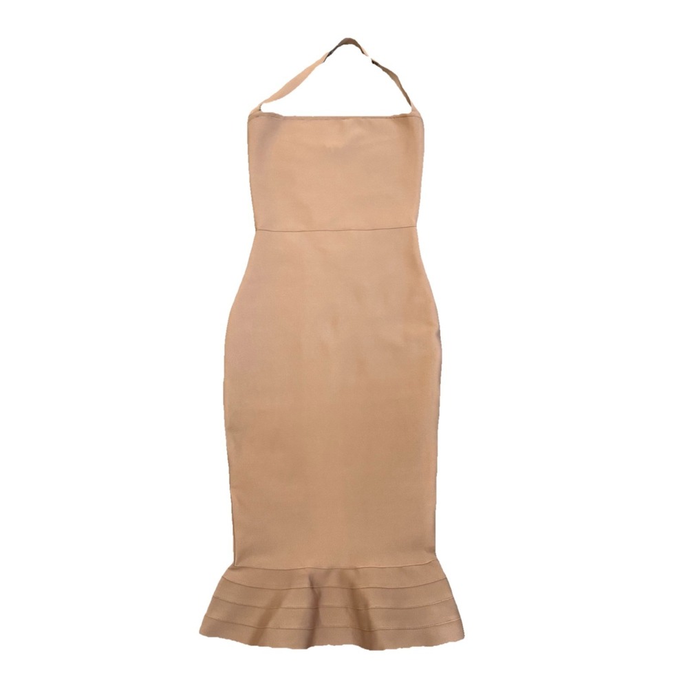 Bodycon Square Neck Halter Dress Mermaid Flare Midi Women's Size S-M Beige Taupe